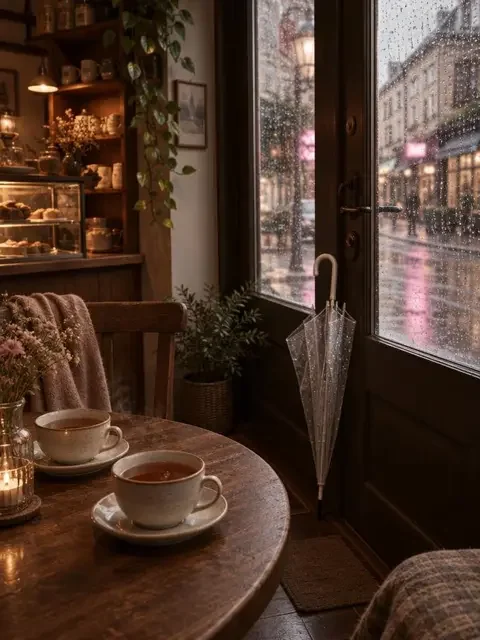 《下雨天》短剧封面，雨滴滑落的小店窗边与门口的透明伞